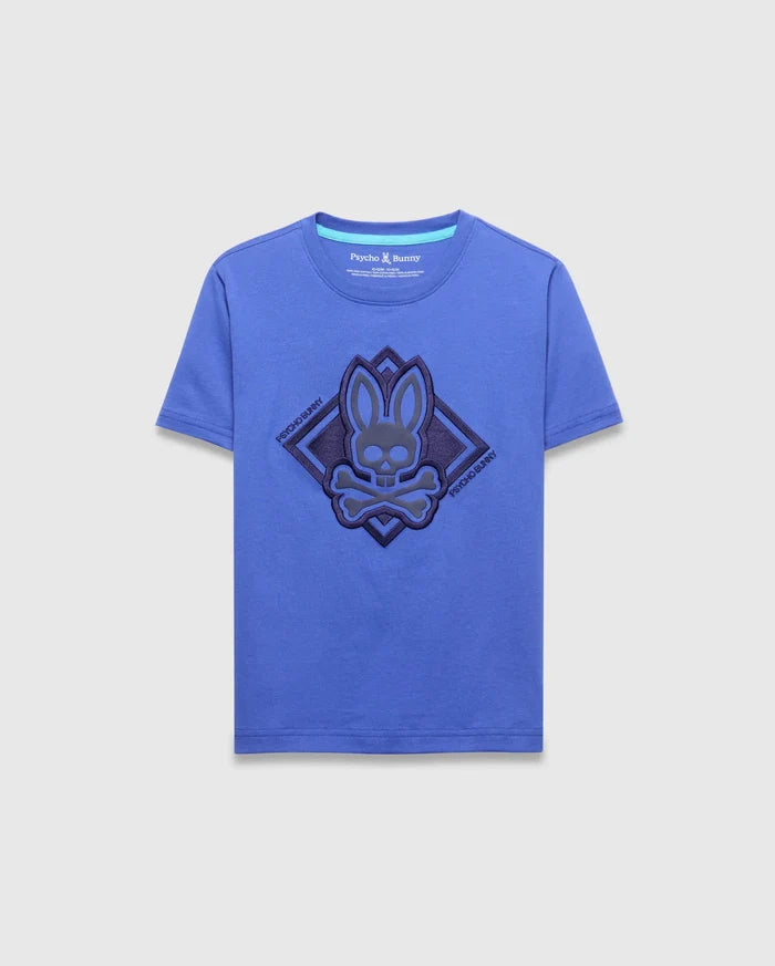 Kids Tobias Graphic Tee, royal blue classic fit jersey t-shirt featuring a large central dimensional dark blue Psycho Bunny skull logo graphic within a diamond, with light blue neck trim.