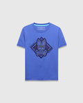 Kids Tobias Graphic Tee, royal blue classic fit jersey t-shirt featuring a large central dimensional dark blue Psycho Bunny skull logo graphic within a diamond, with light blue neck trim.