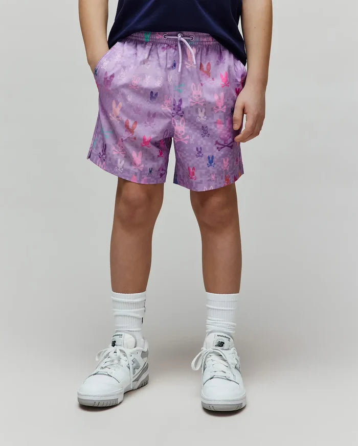 Lavender Kids Van Swim Trunk, relaxed fit, with a drawstring waist and an all-over multi-color pixelated Psycho Bunny skull logo print on quick-dry fabric.