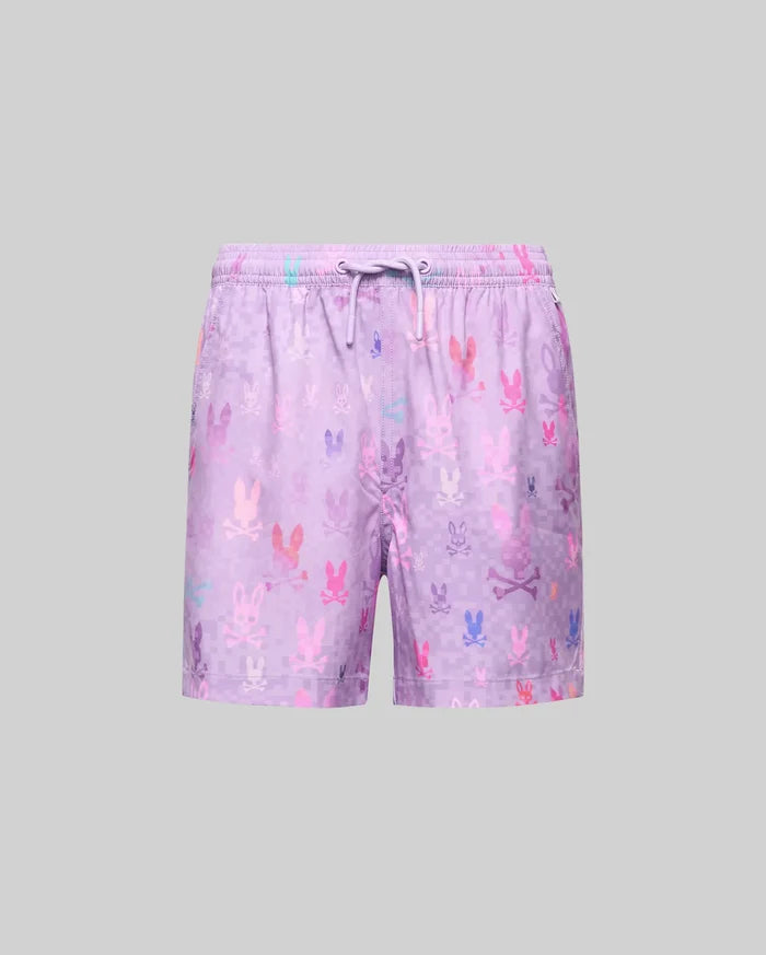 Kids Van Swim Trunk in lavender with a relaxed fit, featuring an all-over pixelated multicolored Psycho Bunny skull logo pattern on a subtle checkered background, and a drawstring waist.