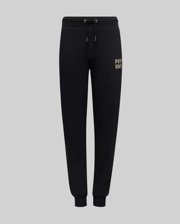 The Psycho Bunny KIDS WADE SWEATPANT (KB0800002) features black jogger pants with an elastic waistband, drawstrings, cuffed ankles, and a small beige embroidered wordmark on the upper left thigh, made from a premium cotton blend.