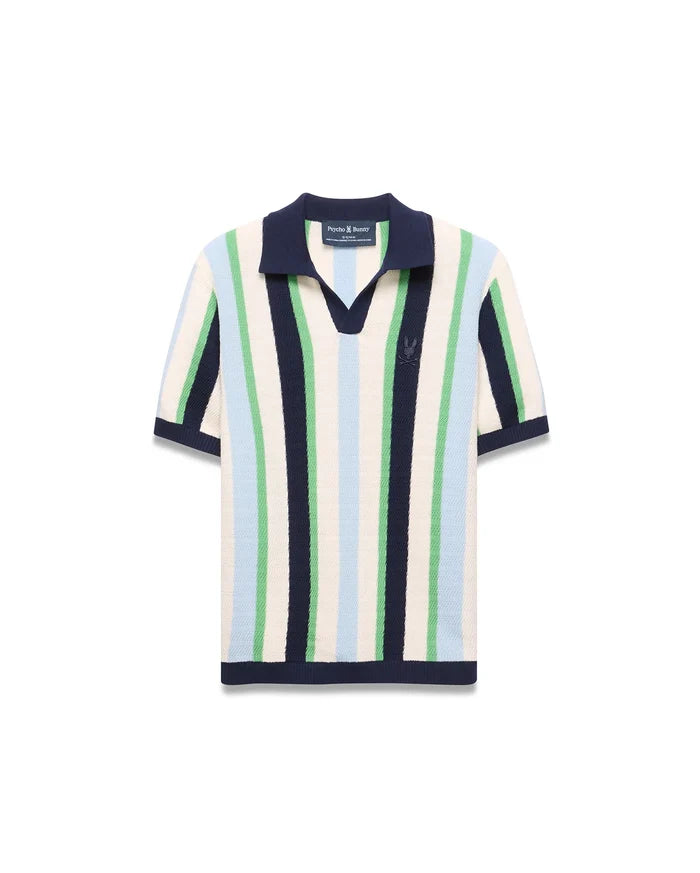 Kids Wren Stripe Knit Polo featuring cream, navy, light blue, and green vertical stripes. Classic fit knit polo with a navy V-neck collar, ribbed cuffs, hem, and an embroidered Psycho Bunny logo on the chest.