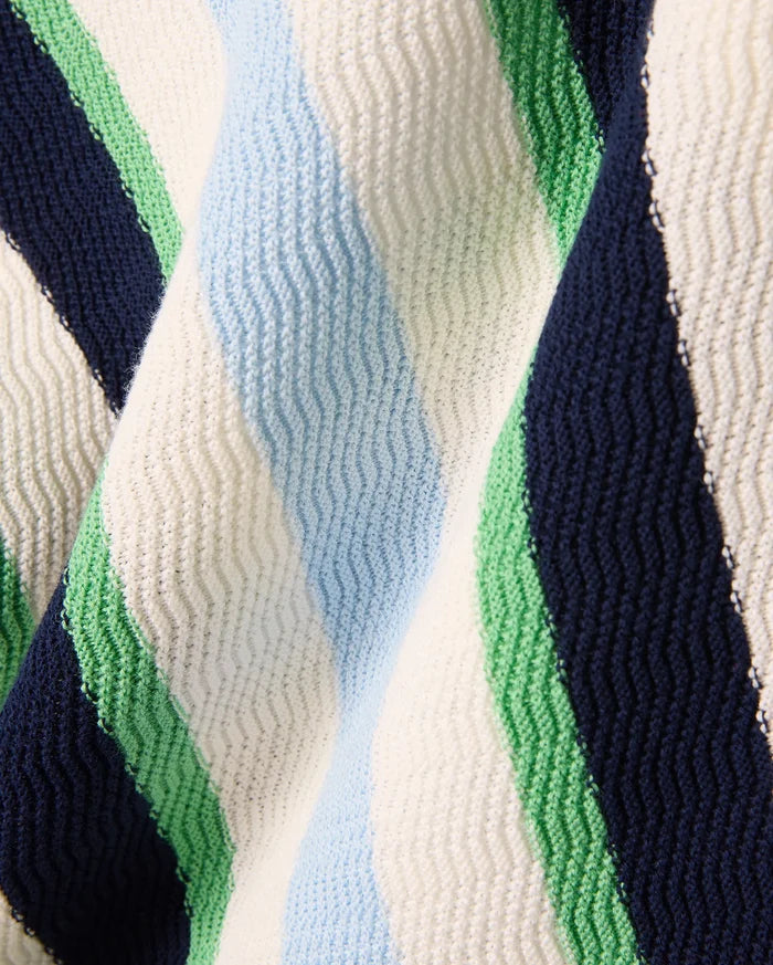 Kids Wren Stripe Knit Polo featuring bold navy, white, light blue, and green vertical stripes in a textured knit fabric with a subtle zig-zag pattern.