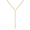 The Vince Camuto Lariat Y Necklace features a gold-tone design with a striking V-shaped centerpiece and a sleek, elongated bar pendant that creates an elegant Y silhouette, beautifully showcased against a white background.