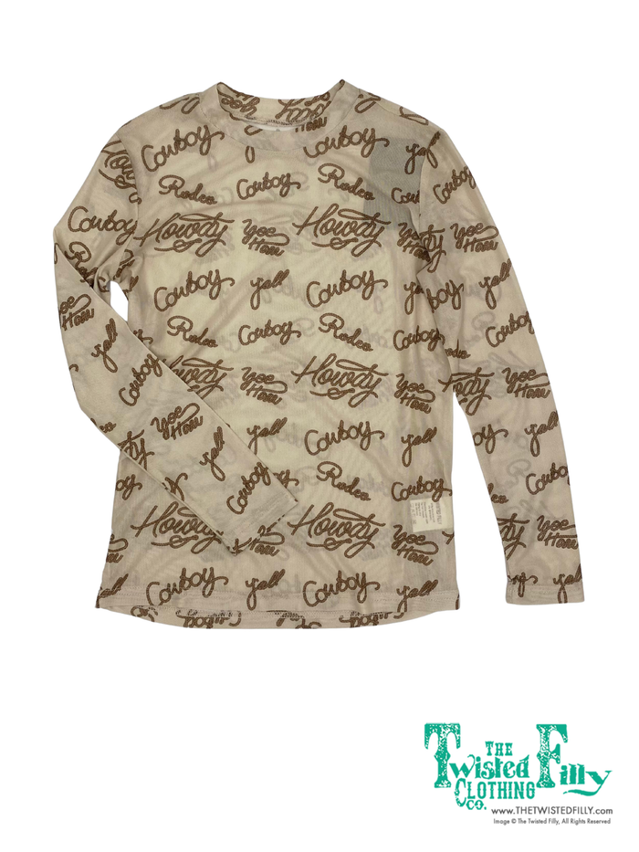 Long sleeve mesh top with howdy cowboy text pattern