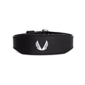 flatlay Leather Lifting Belt in black with white wing logo, front view