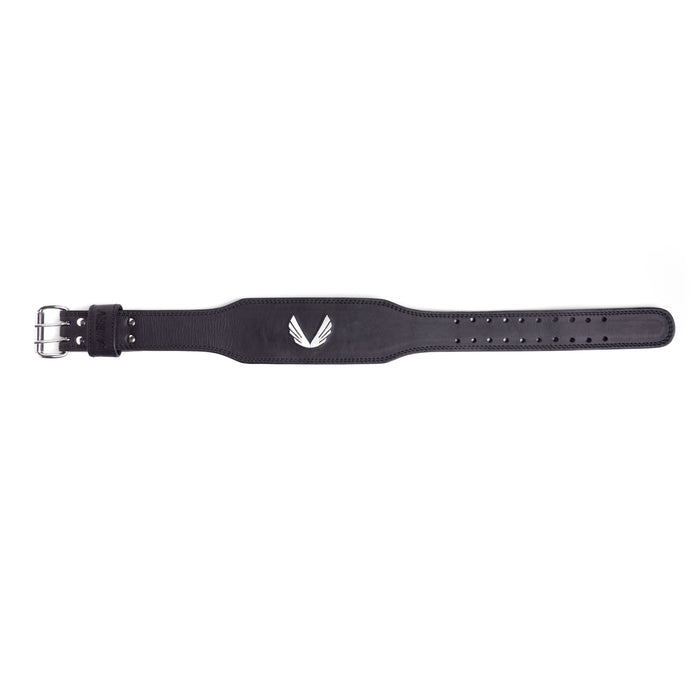 flatlay of black leather lifting belt with metal buckle and perforated adjustment holes, top view
