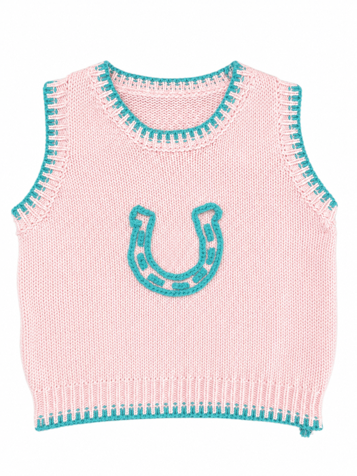 Light pink knitted sweater turquoise stitch and horse shoe detail