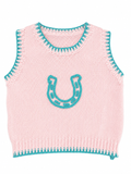 Light pink knitted sweater turquoise stitch and horse shoe detail