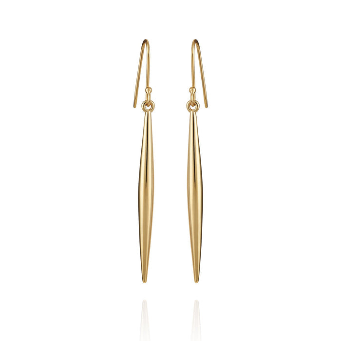 The Vince Camuto Linear Spear Drop Earrings feature gold-tone, elongated tapered spikes suspended from simple hooks, creating a chic accessory that stands out beautifully against a white background.