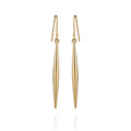The Vince Camuto Linear Spear Drop Earrings feature gold-tone, elongated tapered spikes suspended from simple hooks, creating a chic accessory that stands out beautifully against a white background.