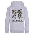 Gray hoodie with a camouflage bow graphic and 'Local Girl Outfitters' text on the back.