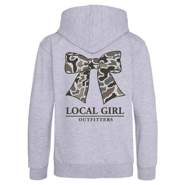 Gray hoodie with a camouflage bow graphic and 'Local Girl Outfitters' text on the back.