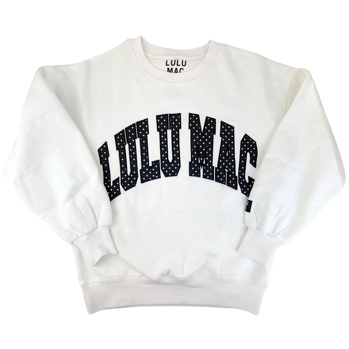 Lulu Mac Dot Applique Crewneck Sweatshirt in White and Black