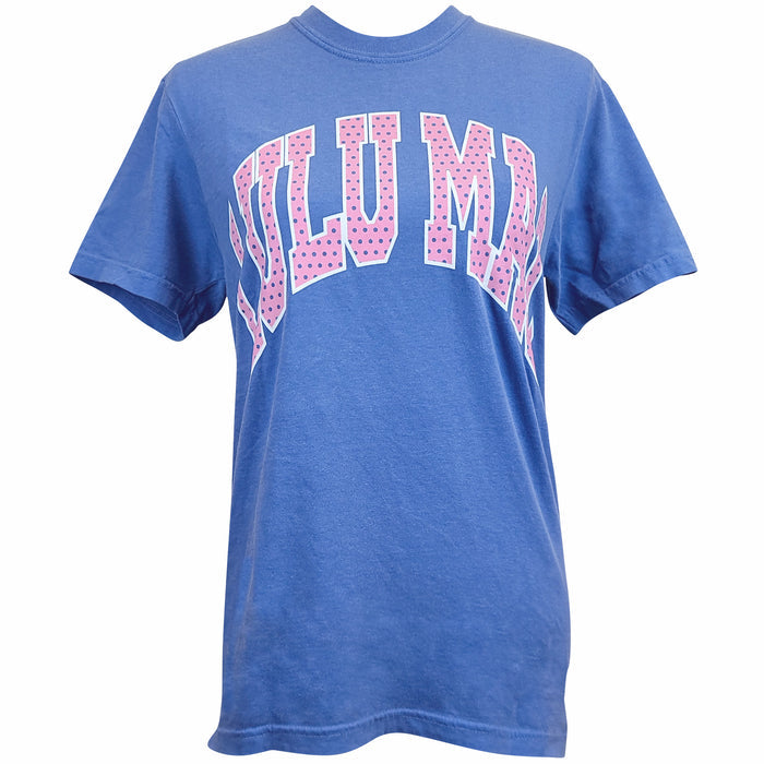 Front flat lay of Lulu Mac flo blue short sleeve t-shirt with large pink polka dot “LULU MAC” graphic across the chest.