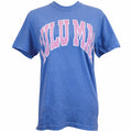 Front flat lay of Lulu Mac flo blue short sleeve t-shirt with large pink polka dot “LULU MAC” graphic across the chest.