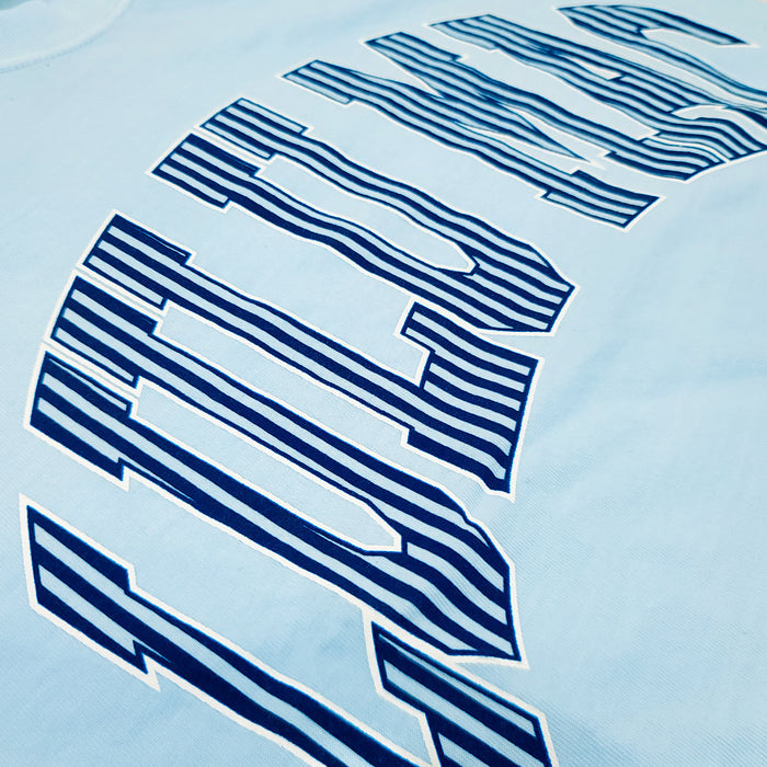 Close-up detail of navy striped “LULU MAC” graphic printed on chambray blue Lulu Mac short sleeve t-shirt fabric.