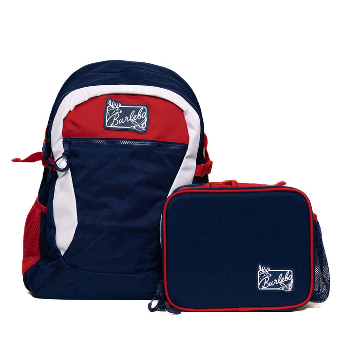 Burlebo lunchbox in patriotic colorblock displayed beside matching navy, red, and white Burlebo backpack. Both feature Burlebo logo patch.