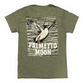 Palmetto Moon Mallard Sketch Short Sleeve T-Shirt in military green with large sketched mallard duck and palmetto moon logo on back