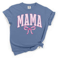 Blue t-shirt with 'MAMA' text and pink bow graphic on a white background