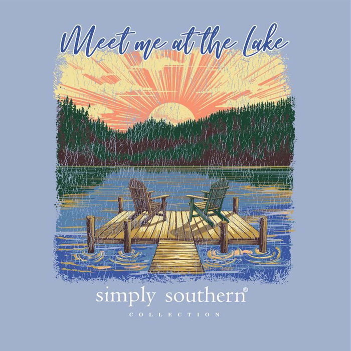 Illustration of a dock with chairs and sunset over water, 'Meet me at the Lake' text, Simply Southern Collection branding.