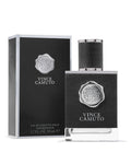 A 1.7 oz bottle and box of Vince Camuto Men’s Eau de Toilette Spray, both in black with silver accents, feature the Vince Camuto crest and brand name on the front. This masculine fragrance is characterized by notes of rich musk.