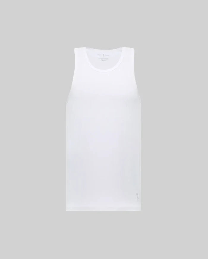 The Psycho Bunny MENS 2 PACK TANK TOP - MO1400001, featuring plain white sleeveless tops crafted from a premium cotton-modal blend, is displayed against a light gray background.