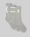 Mens 3 Pack Sport Sock in heather grey knit, featuring prominent white Psycho Bunny skull logos, bold horizontal stripes, and Psycho Bunny text branding on the ankle cuffs.