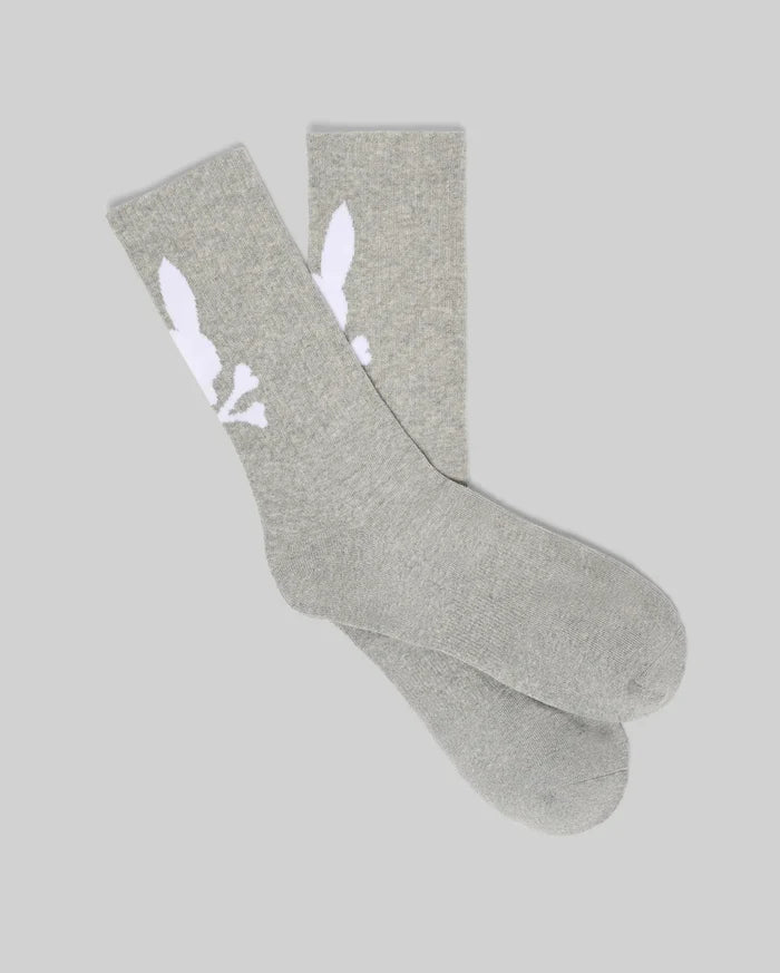 Mens 3 Pack Sport Sock in light grey heather, featuring a large white Psycho Bunny skull logo graphic on the outer ankle of each soft jersey knit sock.