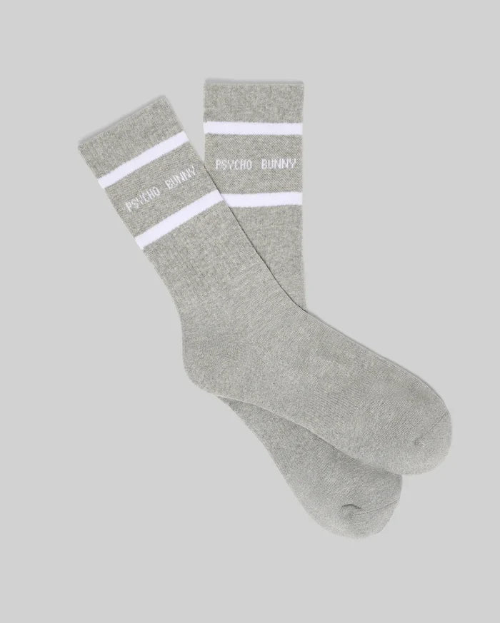 Mens 3 Pack Sport Sock in grey jersey knit with ribbed cuffs, featuring two bold white stripes and the Psycho Bunny text logo prominently displayed on the cuff.