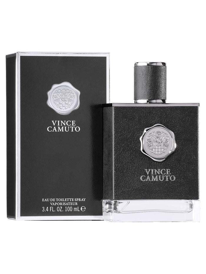 A bottle and box of Vince Camuto Men's 3.4 oz Eau de Toilette Spray are shown, featuring sleek black packaging with silver accents and the Vince Camuto logo, offering a bold, masculine scent in a luxury presentation.