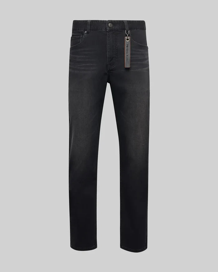 Mens Ace Knit Denim Pant in washed black knit denim, featuring a classic straight fit, subtle fading, button closure, and a brown Psycho Bunny branded tag on the belt loop.