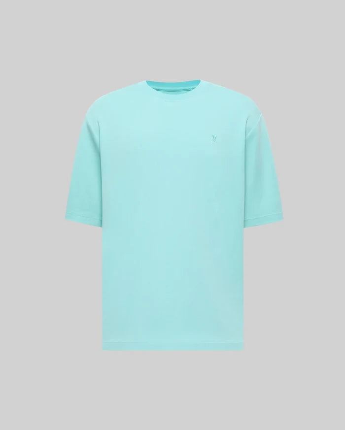 Mens Adam Interlock Tee, a relaxed fit aqua interlock t-shirt featuring a small, tone-on-tone embroidered Psycho Bunny skull logo on the left chest.
