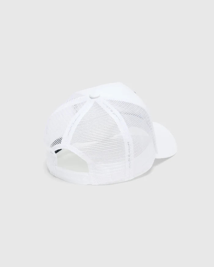White Mens Adamo Trucker Cap featuring a breathable mesh back, a solid front panel, and an adjustable snapback closure for a classic, comfortable fit.