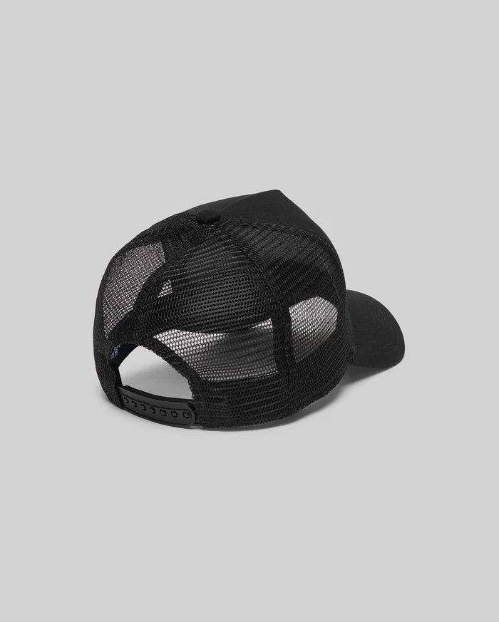 Black MENS ADAMO TRUCKER CAP featuring a breathable mesh back, solid front panel, and an adjustable snapback closure for a comfortable, classic fit.