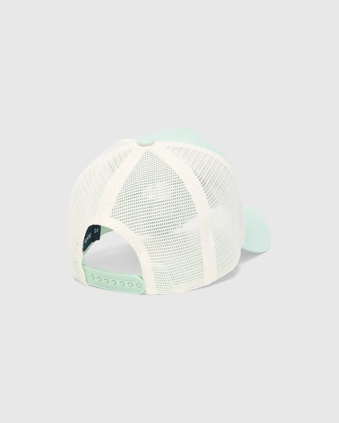 Mens Adamo Trucker Cap featuring a mint green front and brim, breathable cream mesh back panels, and an adjustable mint green snapback closure for a classic fit.