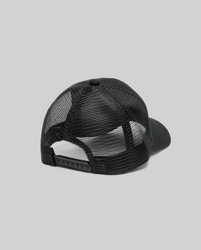 Black Mens Adamo Trucker Cap with breathable mesh back panels, an adjustable snapback closure, and a solid black brim and top button.