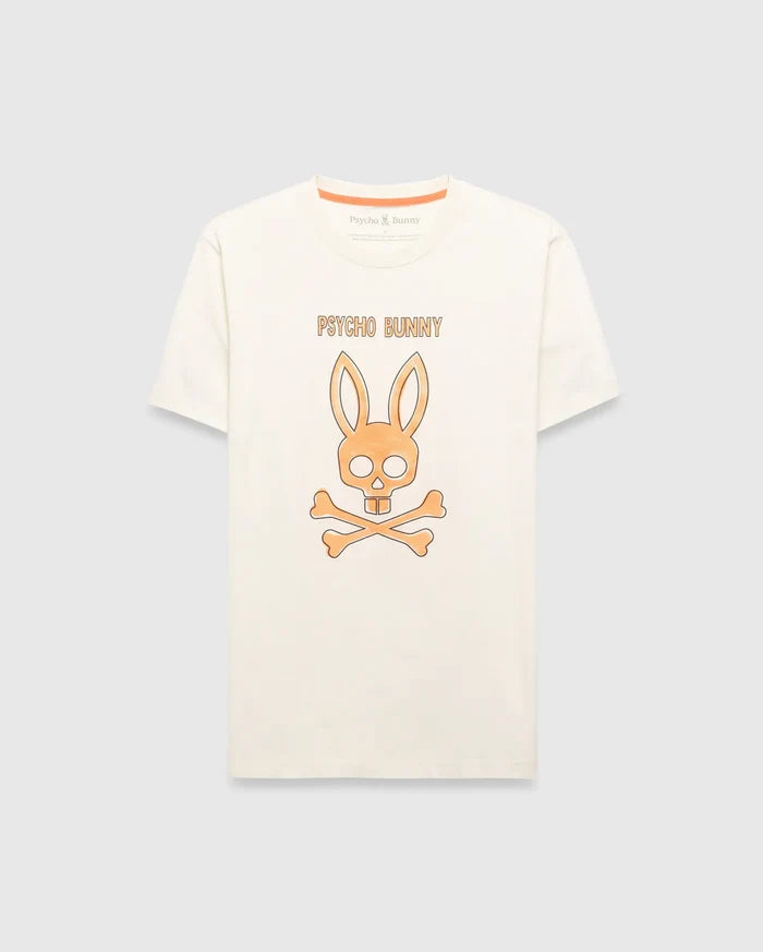 Cream Mens Adler Graphic Tee, classic fit jersey knit, featuring a large central orange Psycho Bunny skull and crossbones graphic with Psycho Bunny text above, and orange neck tape.