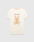 Cream Mens Adler Graphic Tee, classic fit jersey knit, featuring a large central orange Psycho Bunny skull and crossbones graphic with Psycho Bunny text above, and orange neck tape.
