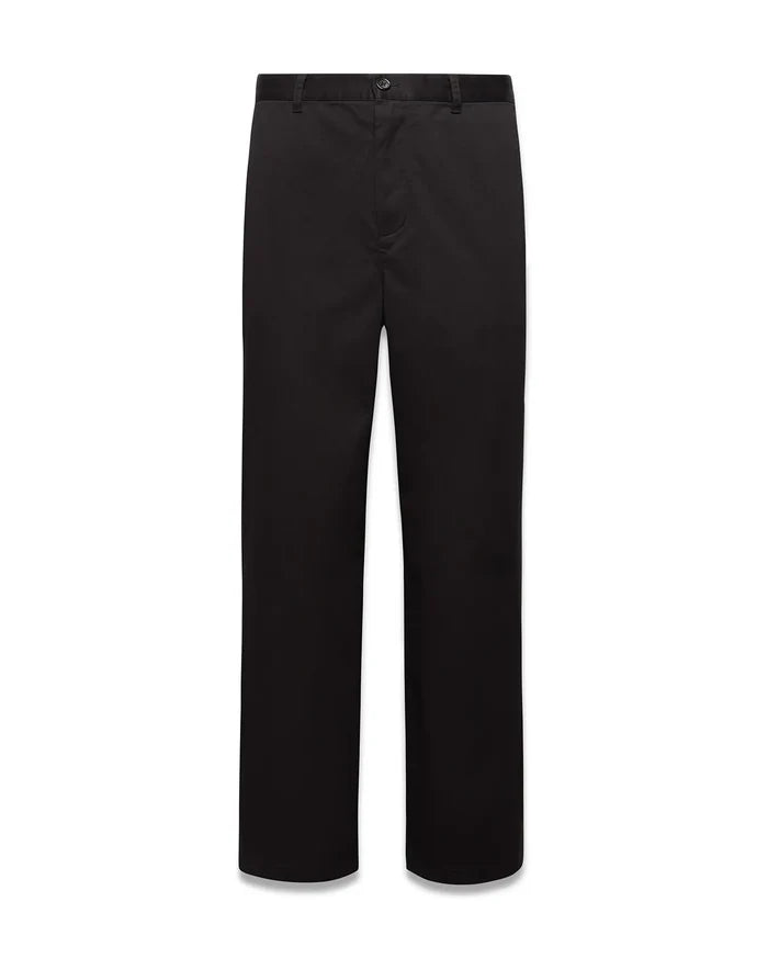 Mens Aidan Chino Pant, a classic straight fit in solid black smooth twill fabric, featuring a flat front, belt loops, and a concealed button and zip closure.