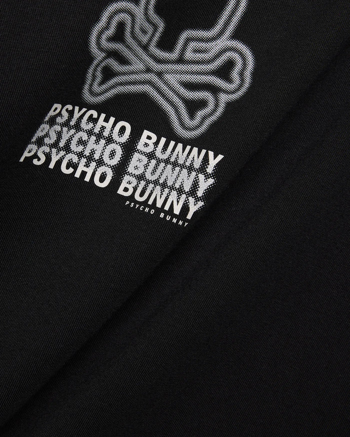 Mens Alex Relaxed Back Graphic Tee in black jersey knit, featuring a large white dotted outline bunny skull and repeated Psycho Bunny text graphic on the back.