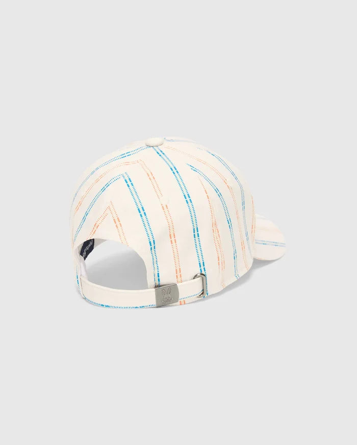 Mens Antoine Seersucker Baseball Cap, cream with blue and orange dashed vertical stripes, featuring a seersucker texture and a small Psycho Bunny skull logo engraved on the silver-tone adjustable buckle at the back.