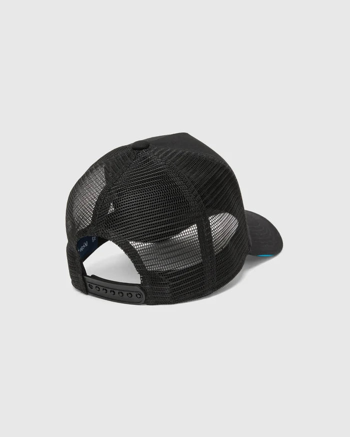 Mens Apollo Trucker Cap in black, featuring breathable mesh back panels, an adjustable snapback closure, and a subtle blue underside brim. Psycho Bunny branding is visible on the inner band.