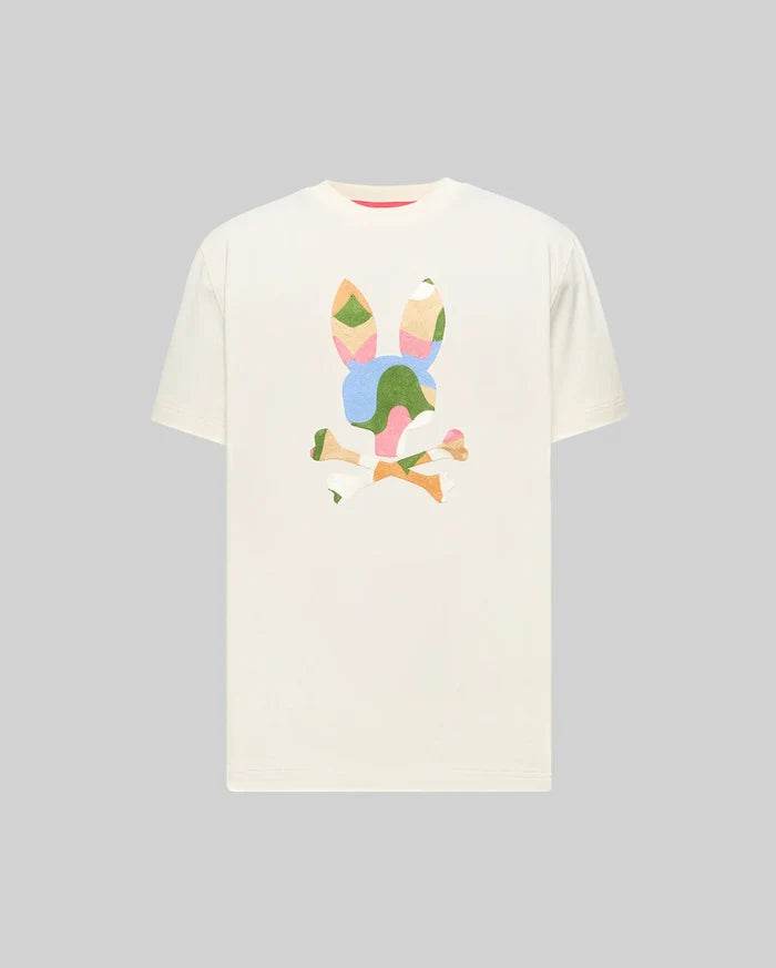 Cream Mens Ara Graphic Tee, classic fit jersey, featuring a large, multi-color abstract Psycho Bunny skull logo on the center chest in green, blue, pink, orange, and yellow.