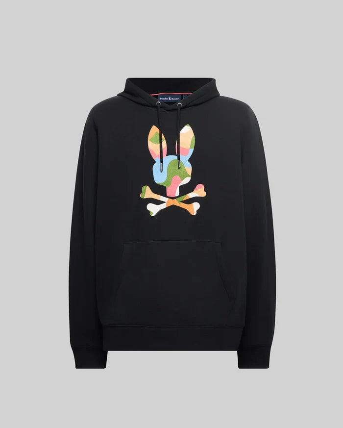 Black Mens Ara Hoodie with a large, vibrant multi-color graphic Psycho Bunny skull logo on the center chest, featuring a drawstring hood and kangaroo pocket, crafted from soft French terry for a classic fit.