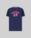 Mens Aram Graphic Tee, navy jersey knit, classic fit, with a bold raised hot pink Psycho Bunny script and bunny skull logo graphic on the chest, and pink inner collar trim.