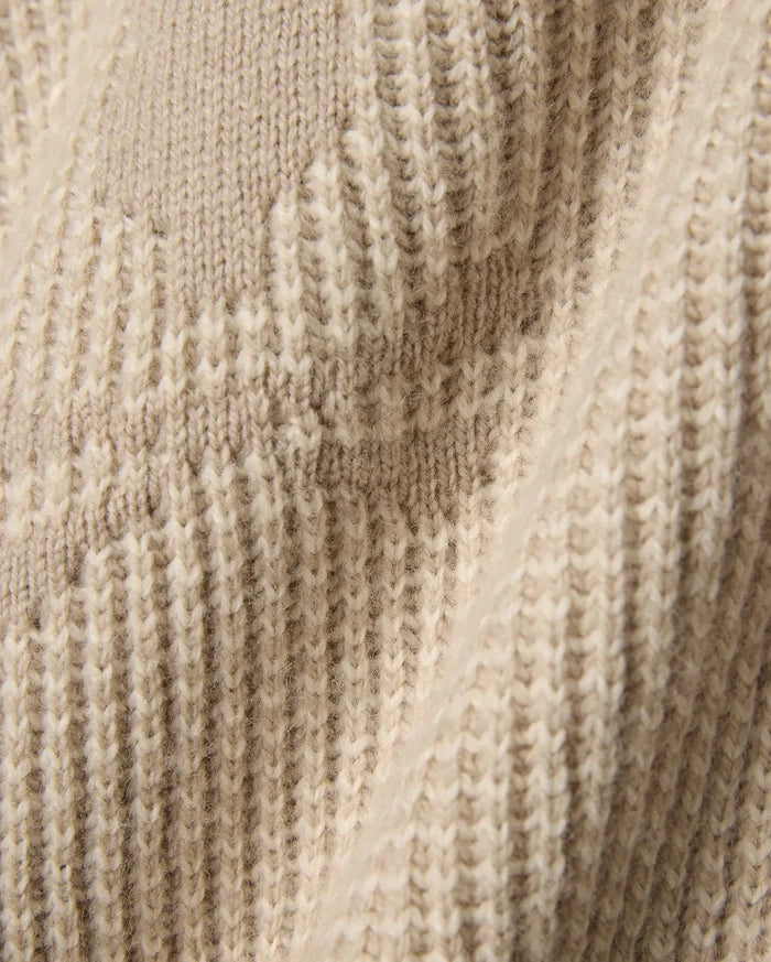 Psycho Bunny Mens Atkinson Cardigan, a luxurious beige knit featuring a subtle cream two-tone patterned texture and soft, visible knit stitches for refined streetwear style.