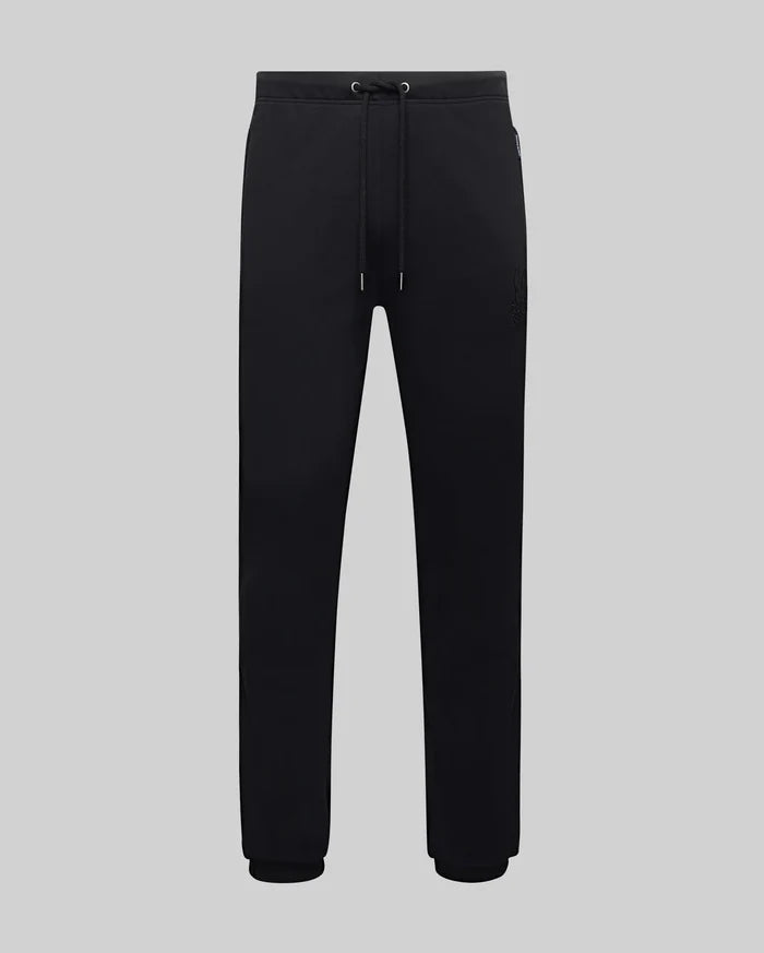 Mens Barry Joggers, black relaxed fit French terry joggers with a drawstring waist, ribbed cuffs, and a small tonal embroidered Psycho Bunny skull logo on the left thigh.