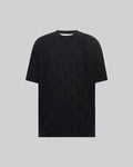 Mens Big And Tall Dustin Oversized Fit Tee, a black jacquard knit t-shirt featuring an all-over tonal checkerboard pattern with alternating Psycho Bunny skull logos and textured squares.