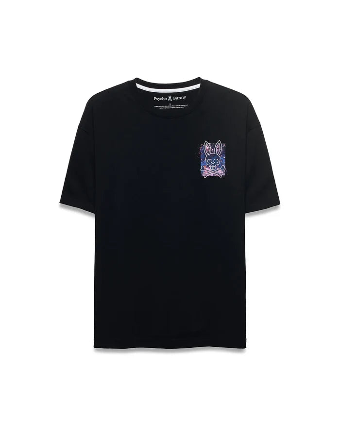 Mens Big And Tall Isaac Splatter Back Graphic Tee, a black relaxed-fit jersey t-shirt with a vibrant pink, purple, and blue splatter graphic featuring the iconic Psycho Bunny skull logo on the left chest.